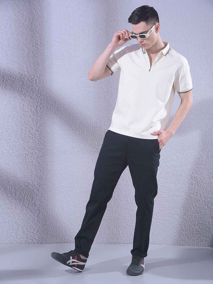 White Polo Neck T-Shirt with Zip Closure