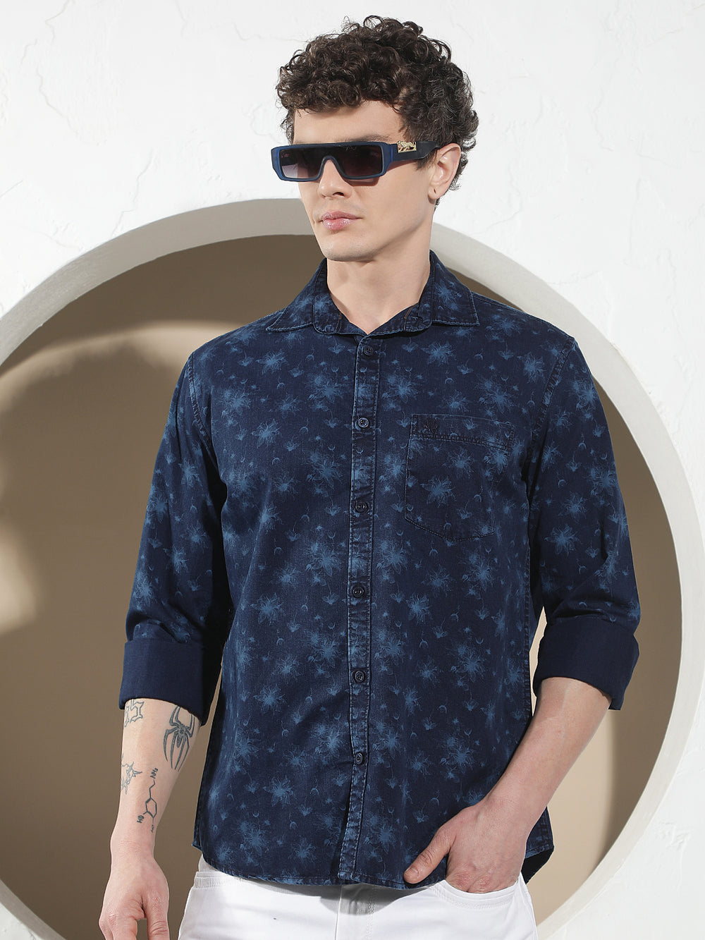 Navy Blue Floral Print 100% Cotton Denim Shirt
