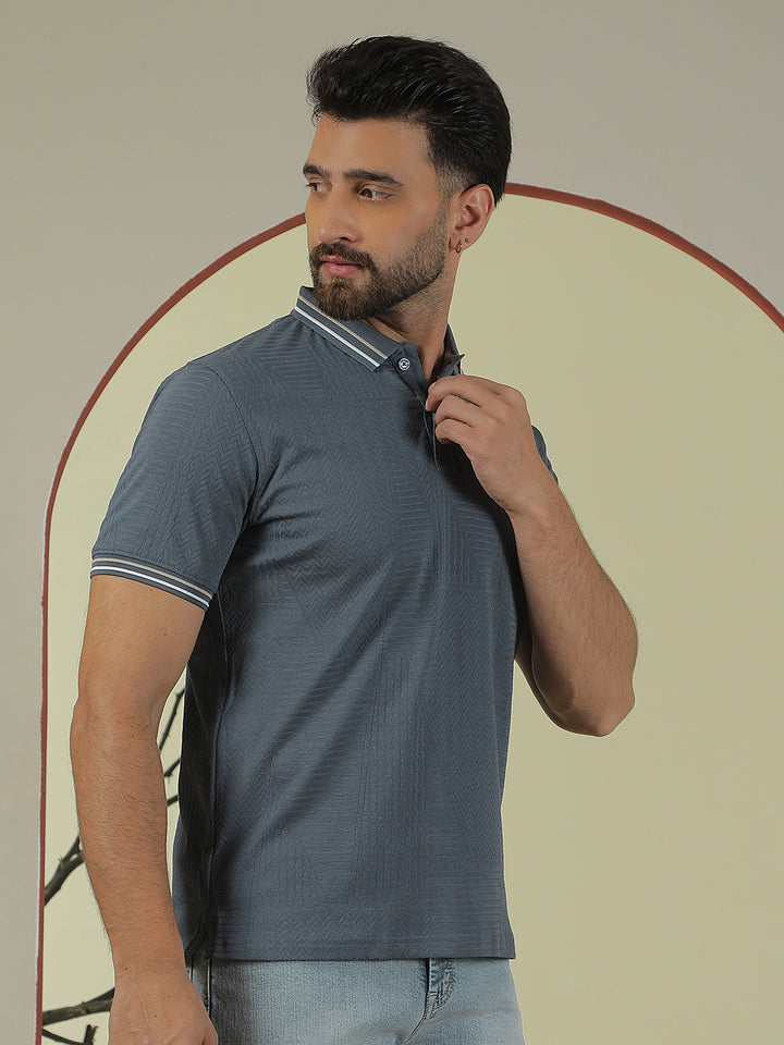 Blue Jacquard Polo Neck T-Shirt