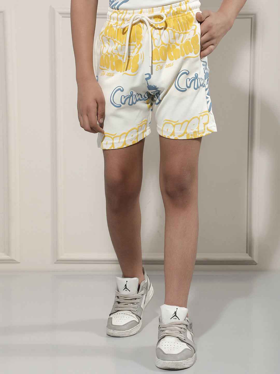 White Typographic Print Shorts