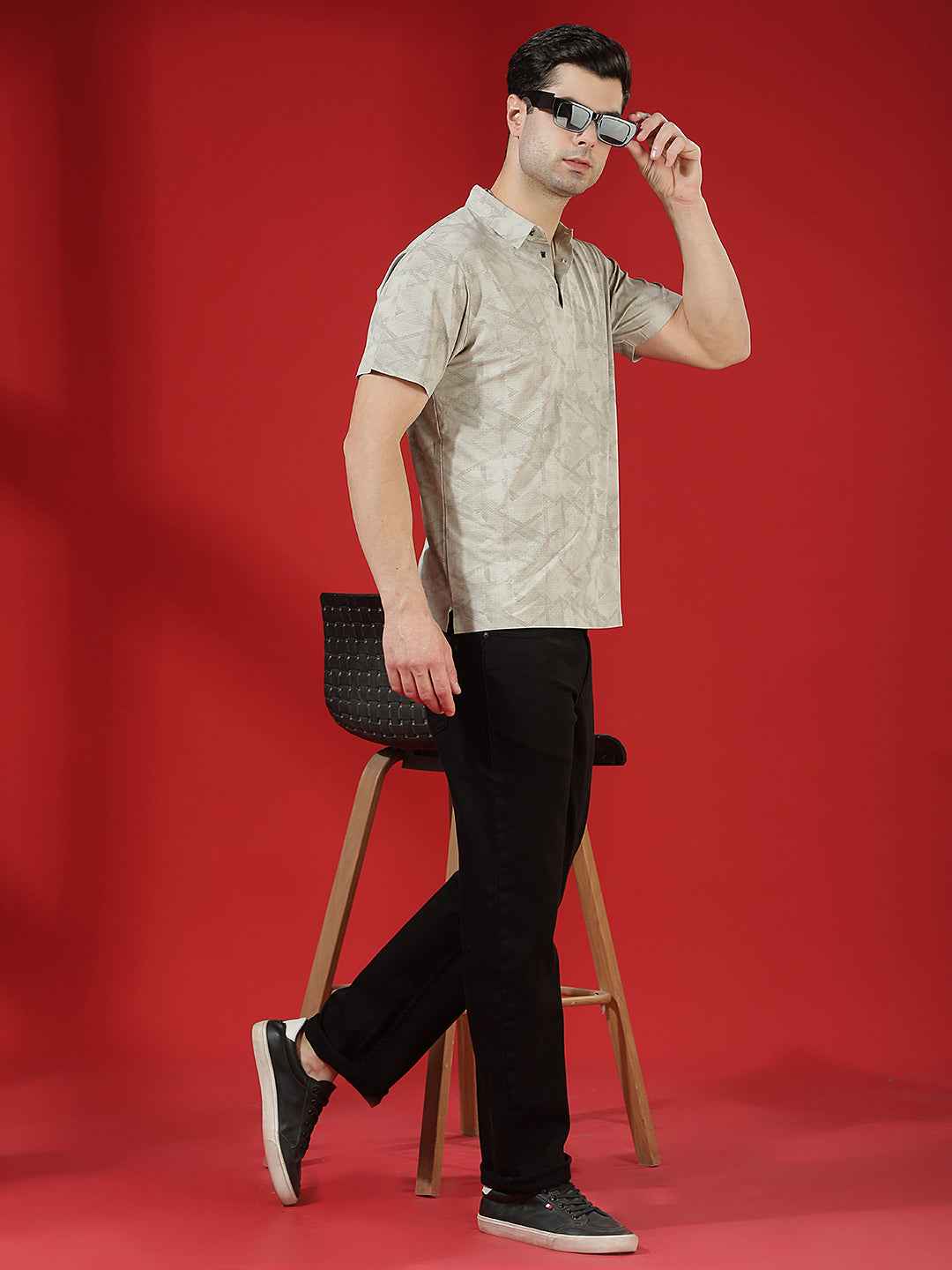 Beige Abstract Print Polo T-Shirt