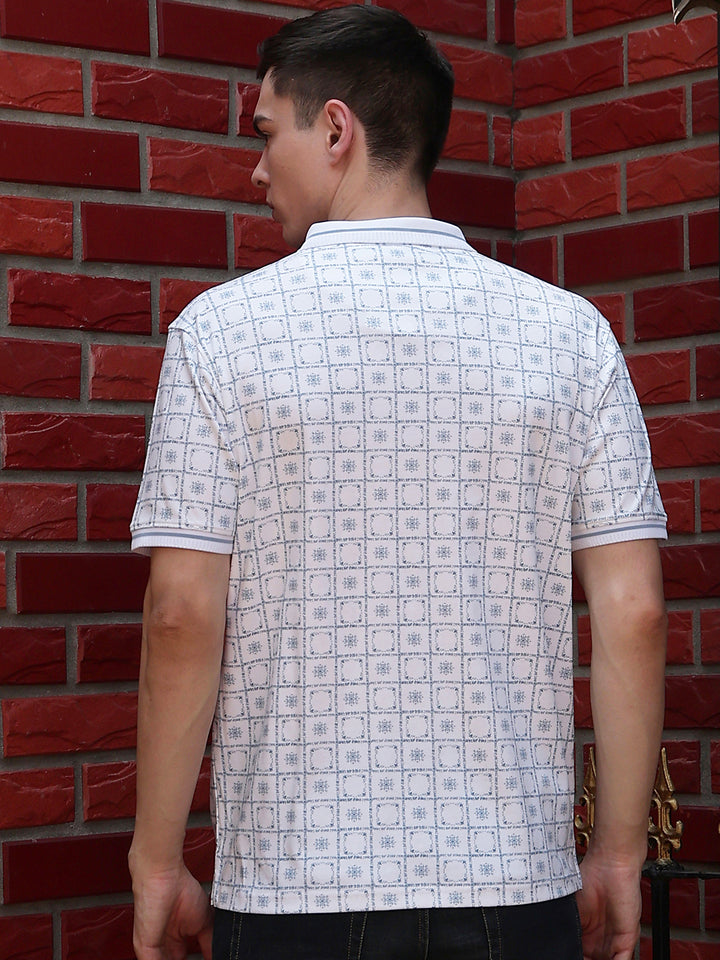 Blue Printed Polo Neck 100% Cotton T-Shirt