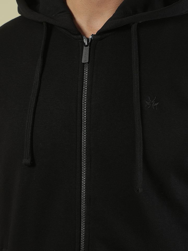 Black Hooded Neck Front Open Sweatshirt