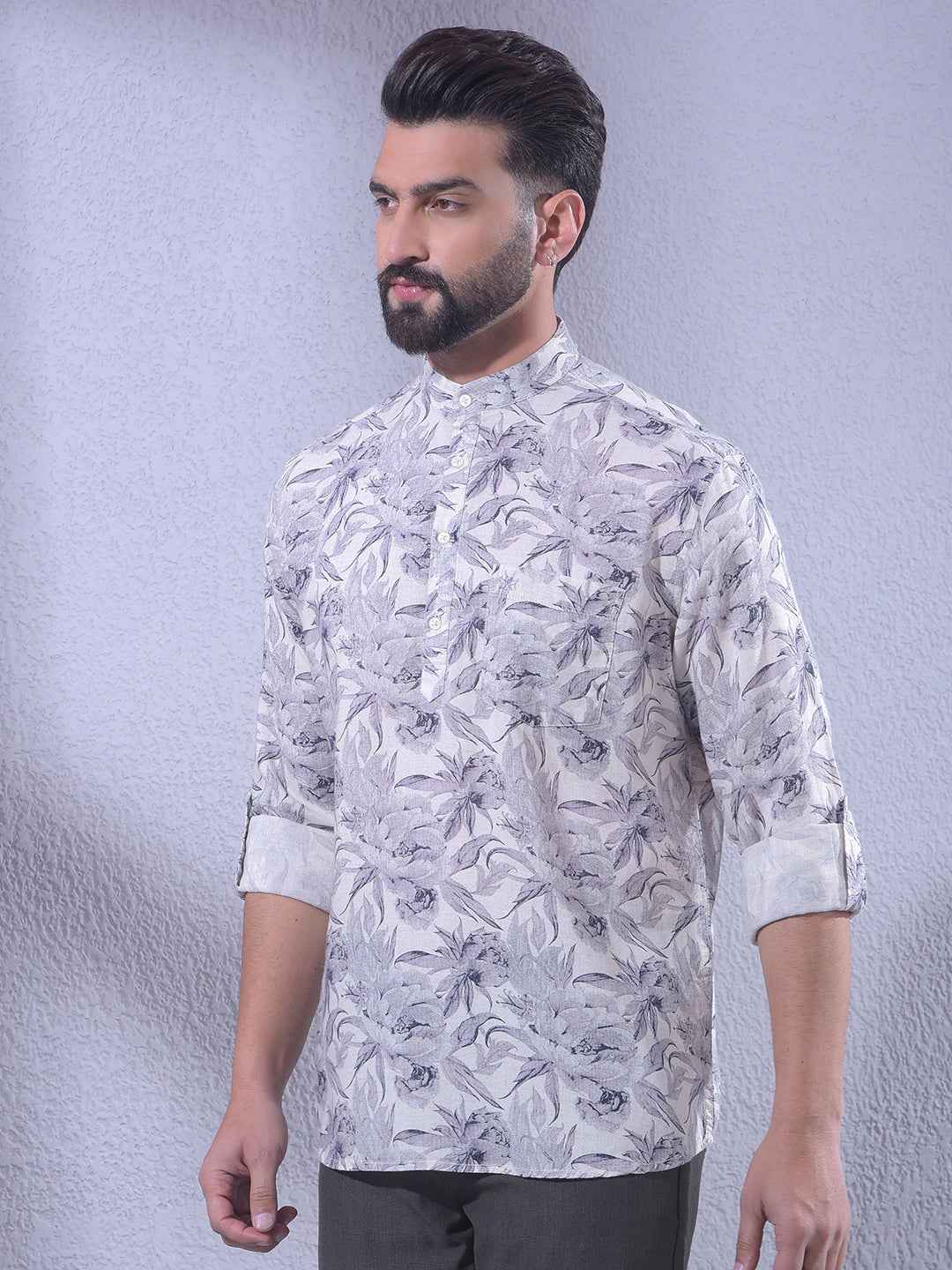Purple Floral Print Linen Kurta