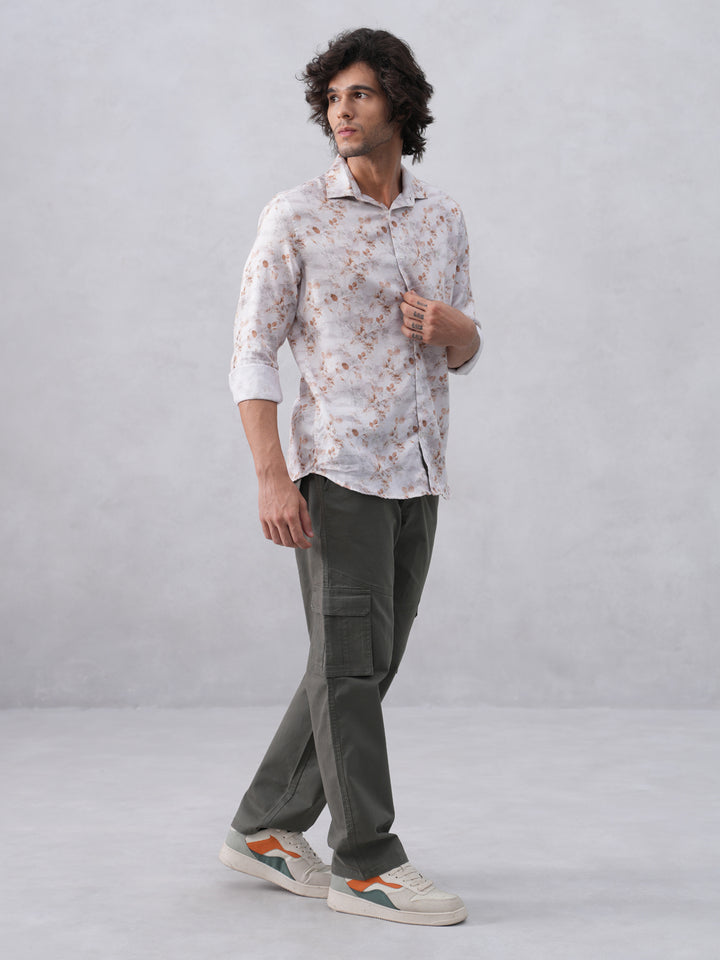 Peach Floral Print Linen Shirt