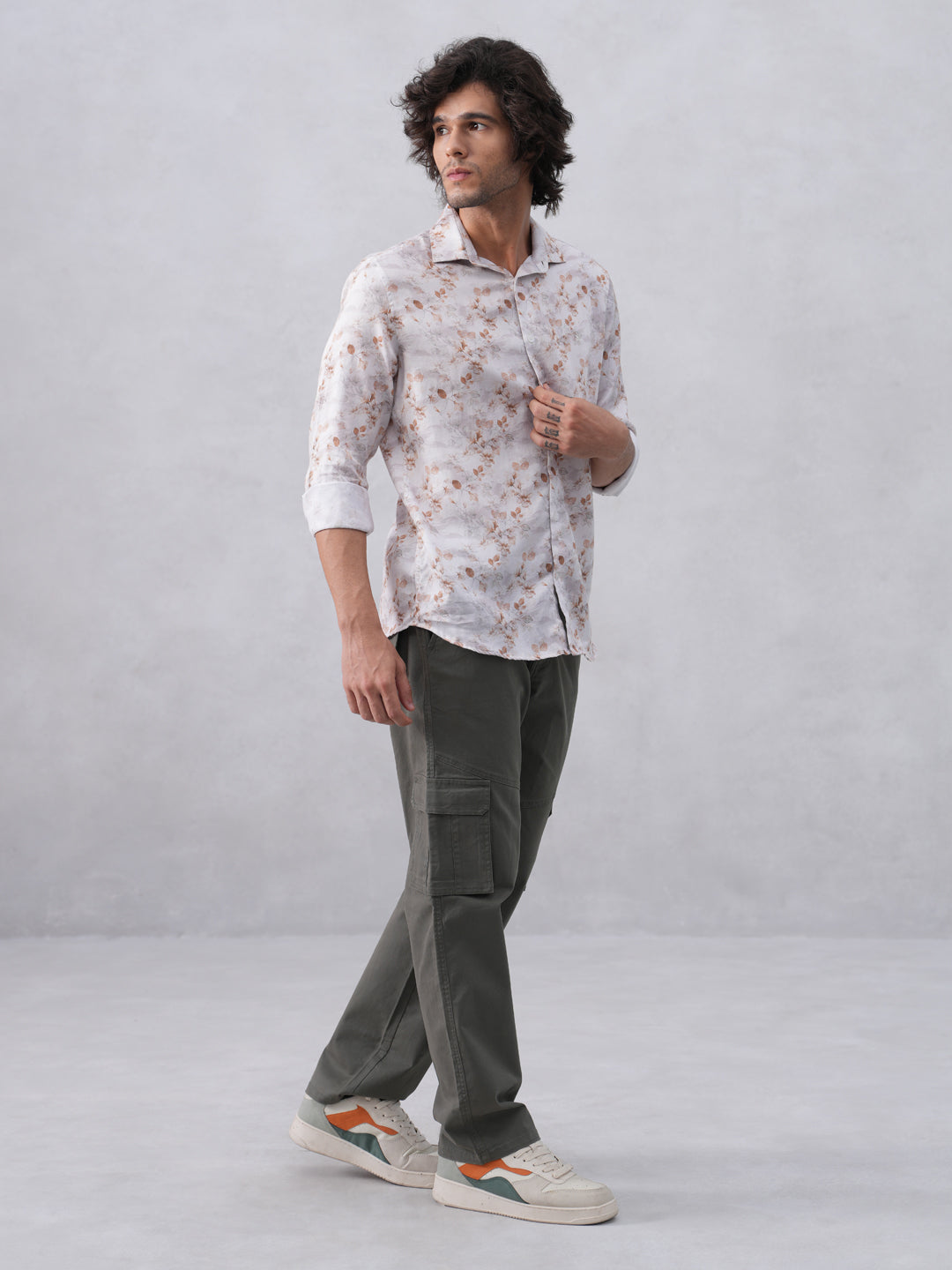 Peach Floral Print Linen Shirt
