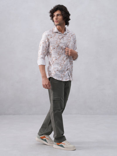 Peach Floral Print Linen Shirt