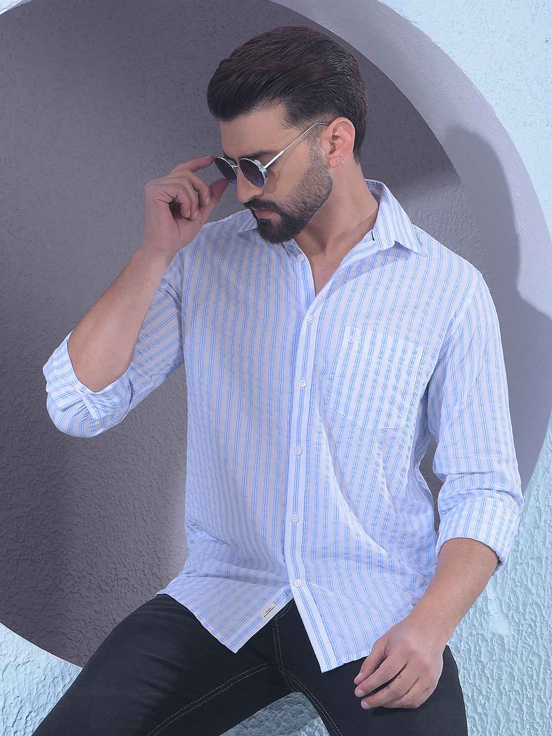Blue 100% Cotton Vertical Stripes Shirt
