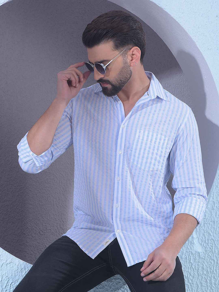 Blue 100% Cotton Vertical Stripes Shirt