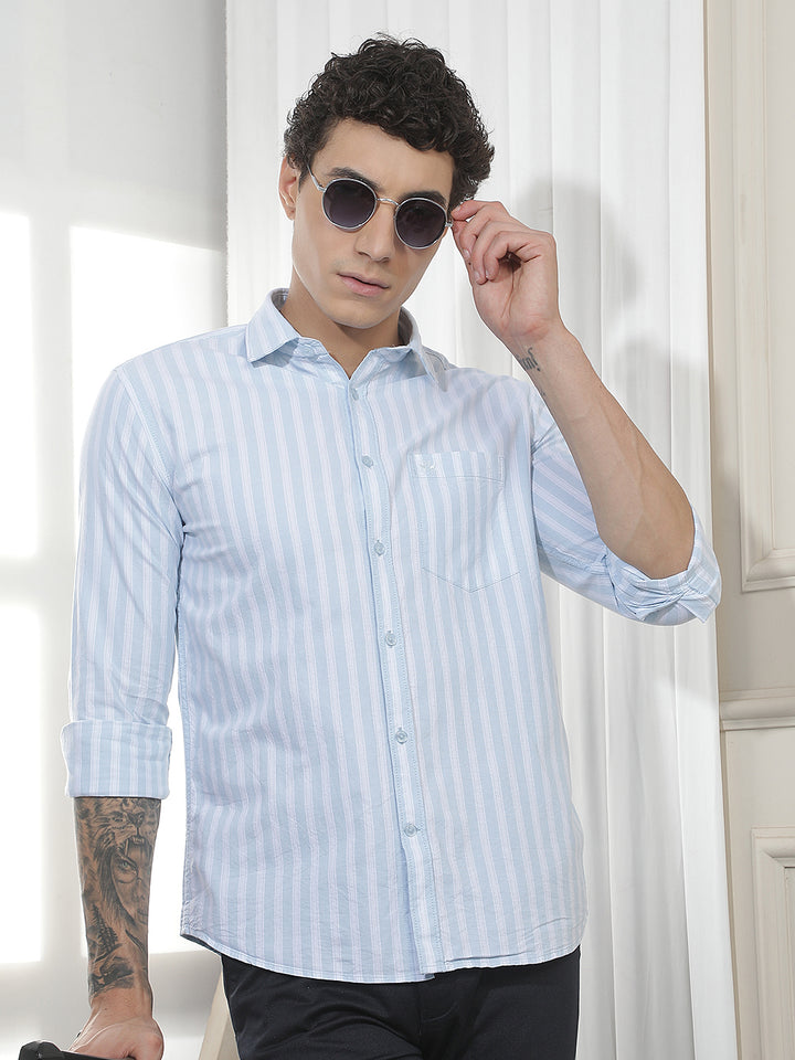 Sky Blue Vertical Striped 100% Cotton Shirt