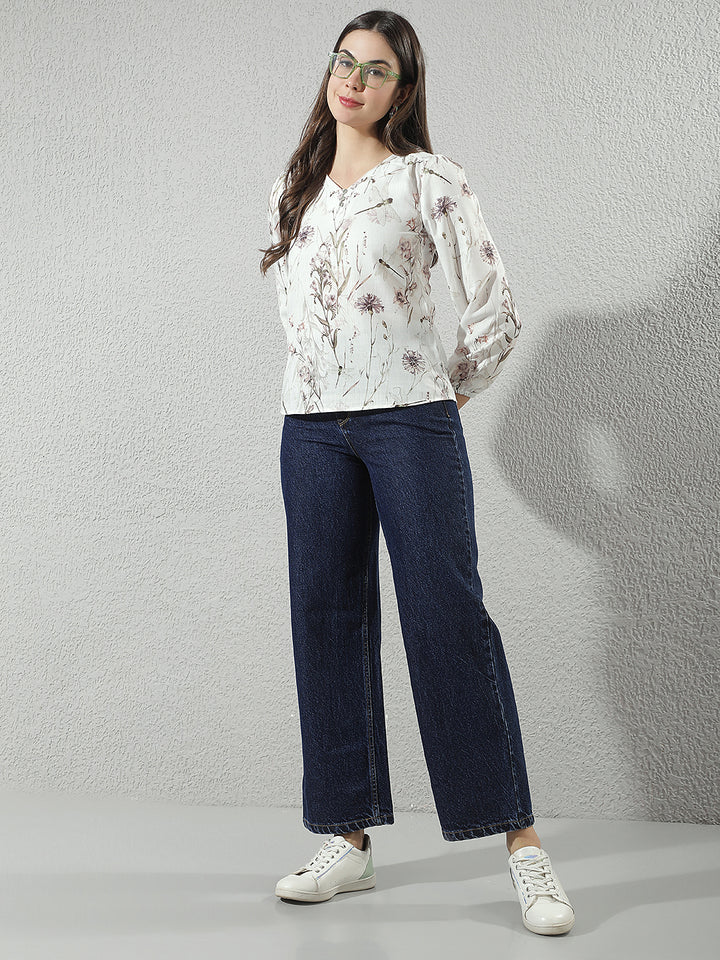 Multi-Color Floral Print V-Neck Top