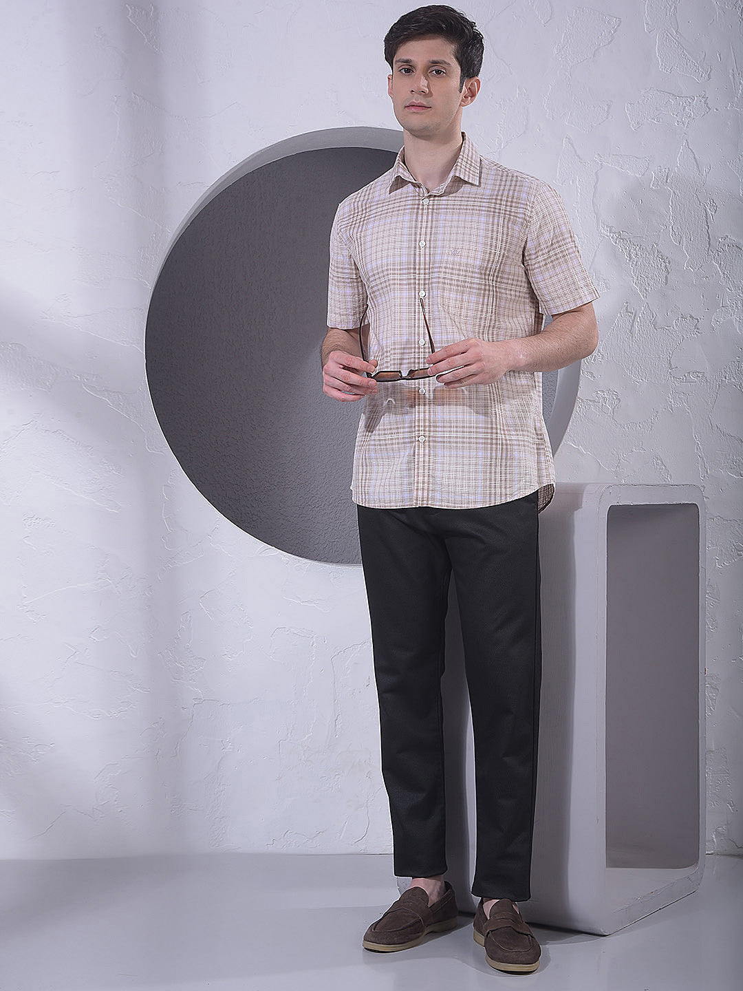 Beige Checked 100% Cotton Shirt