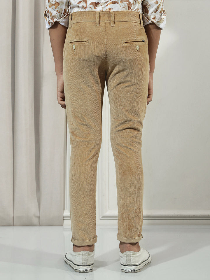 Beige Cotton Stretchable Corduroy Trousers