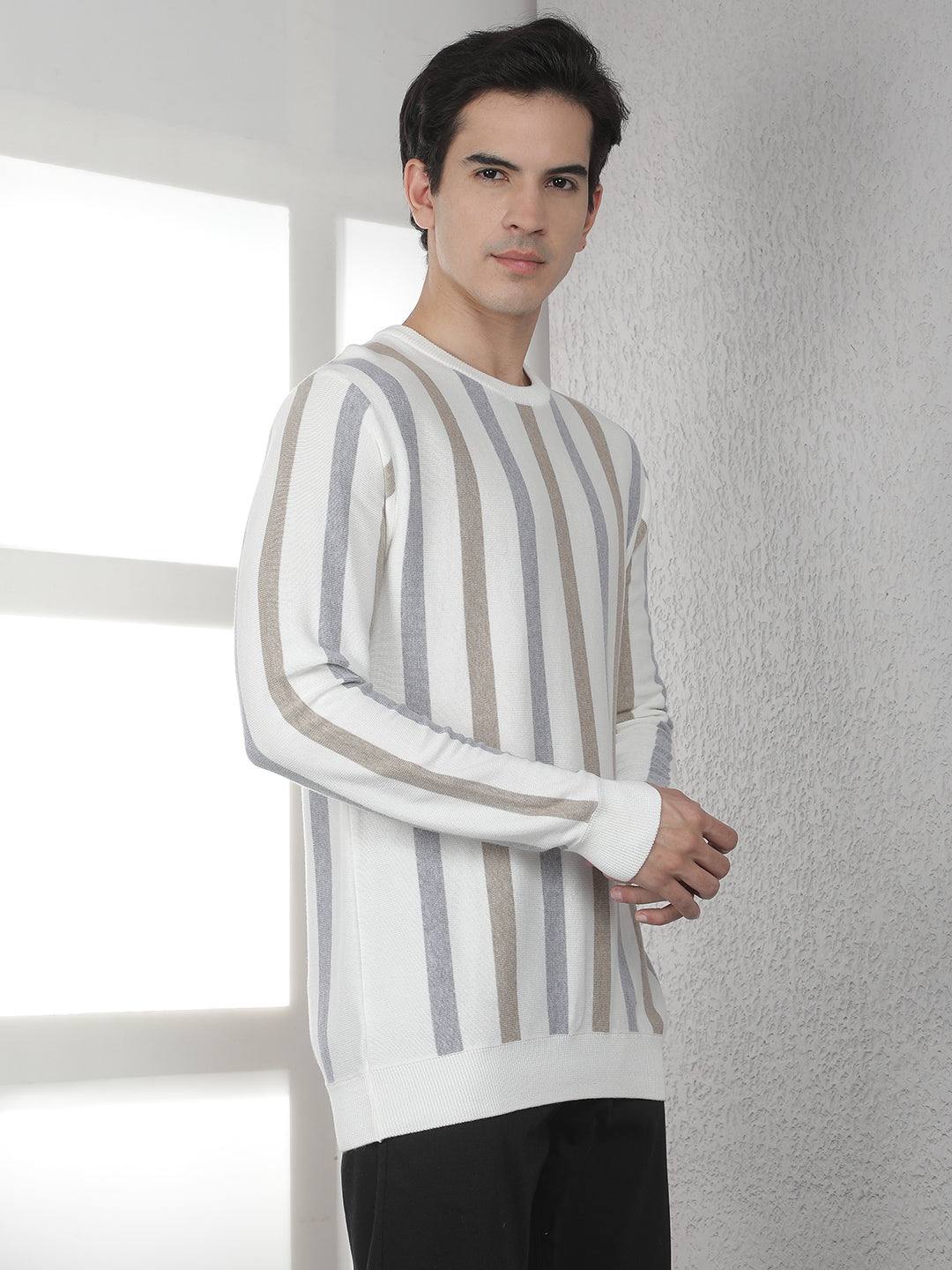 Beige 100% Cotton Verical Stripes Round Neck Sweater