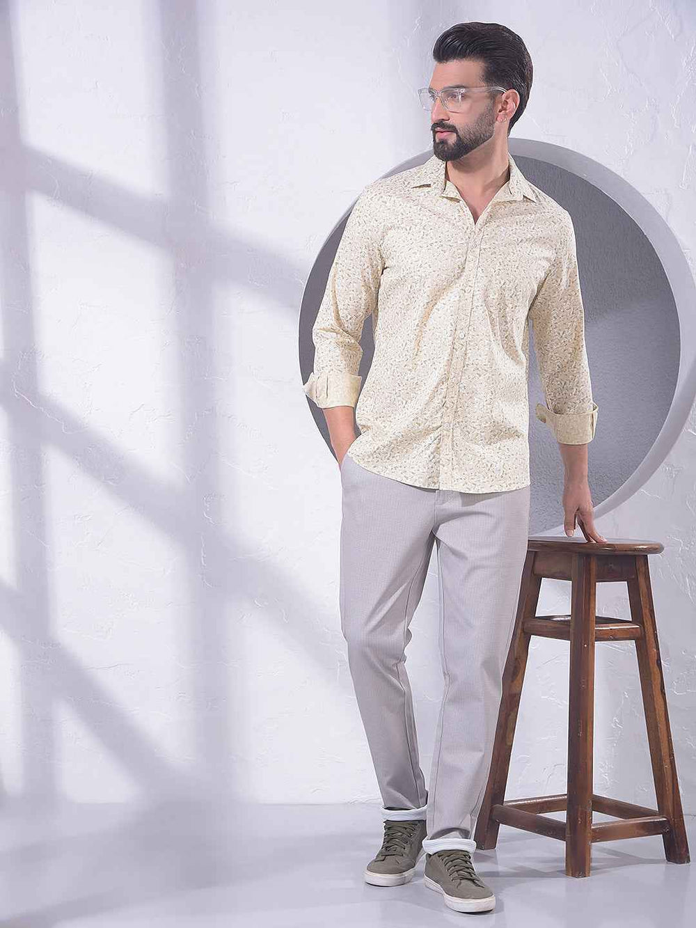 Beige Floral Print Linen Shirt