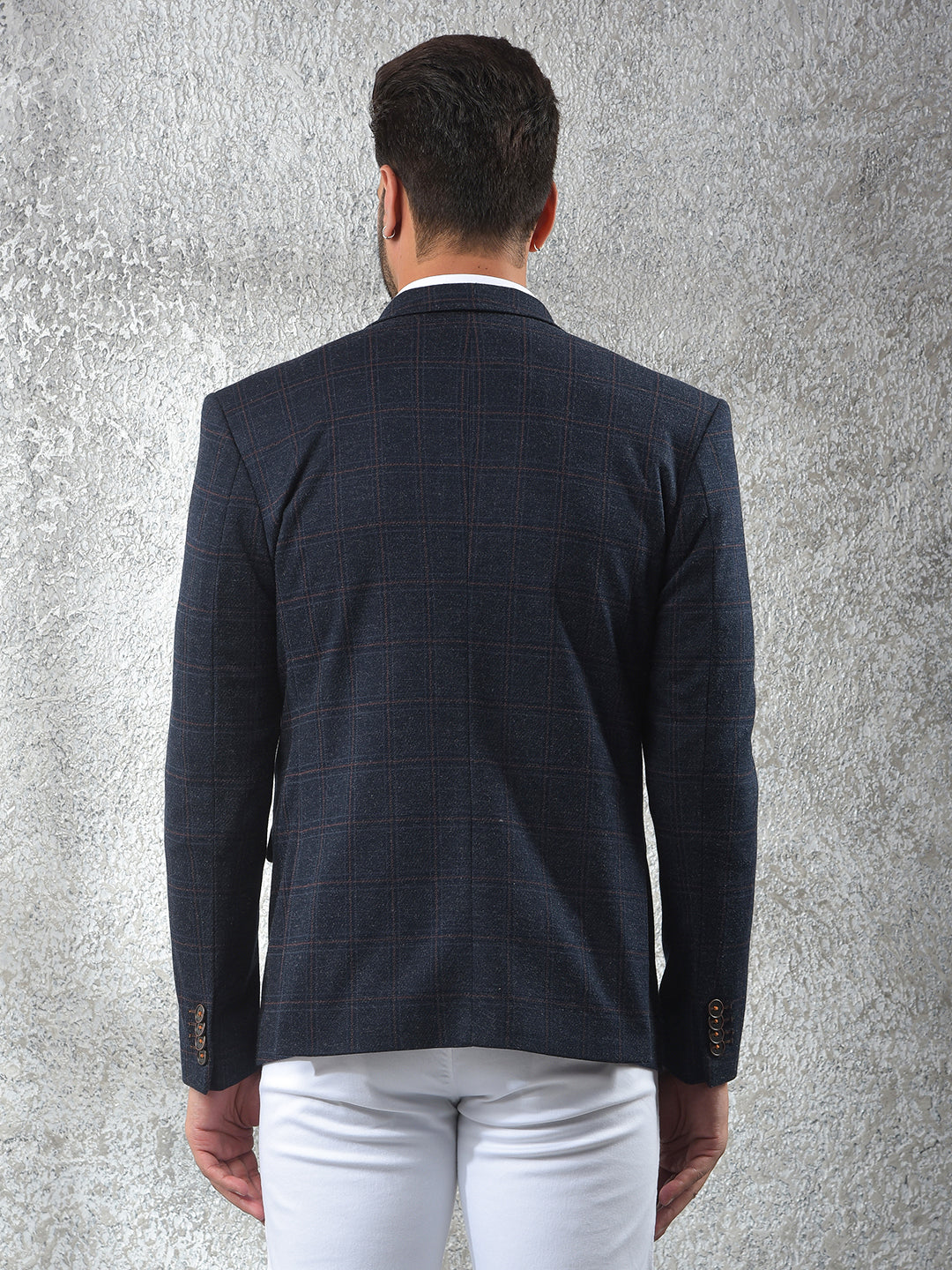 Navy Blue Checked Notched Lapel Single-Breasted Blazer