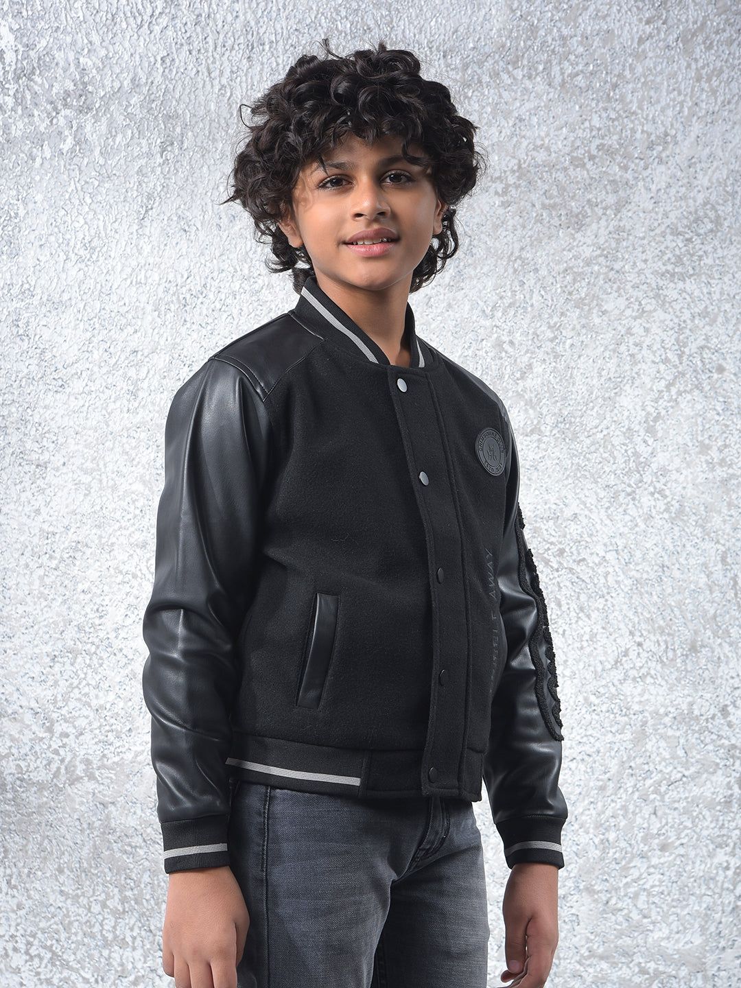 Black Typographic Print Varsity Jacket