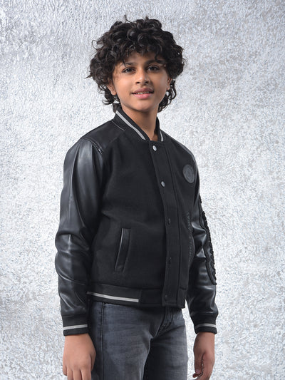 Black Typographic Print Varsity Jacket