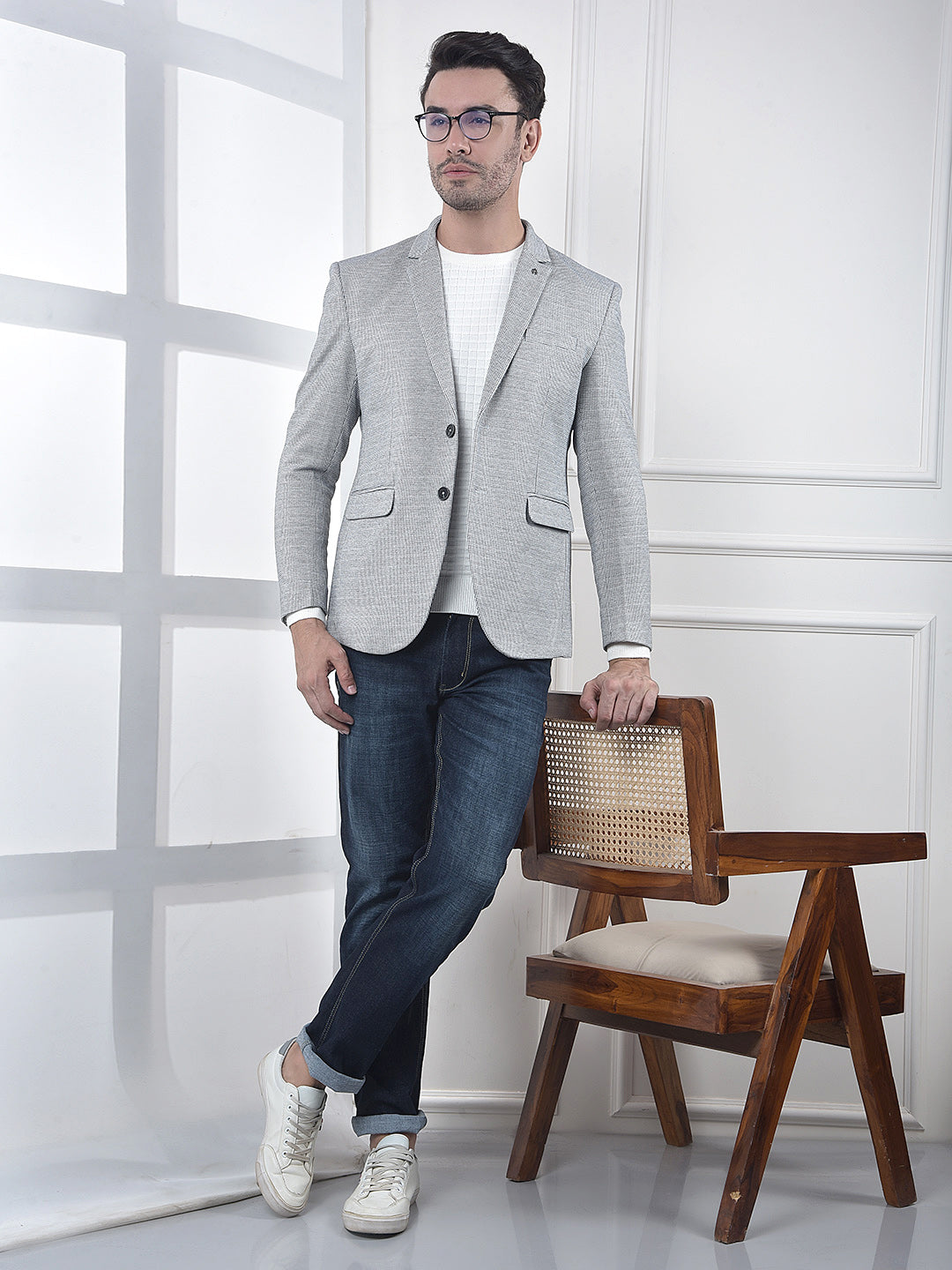 Grey Notched Lapel Modal Single-Breasted Blazer