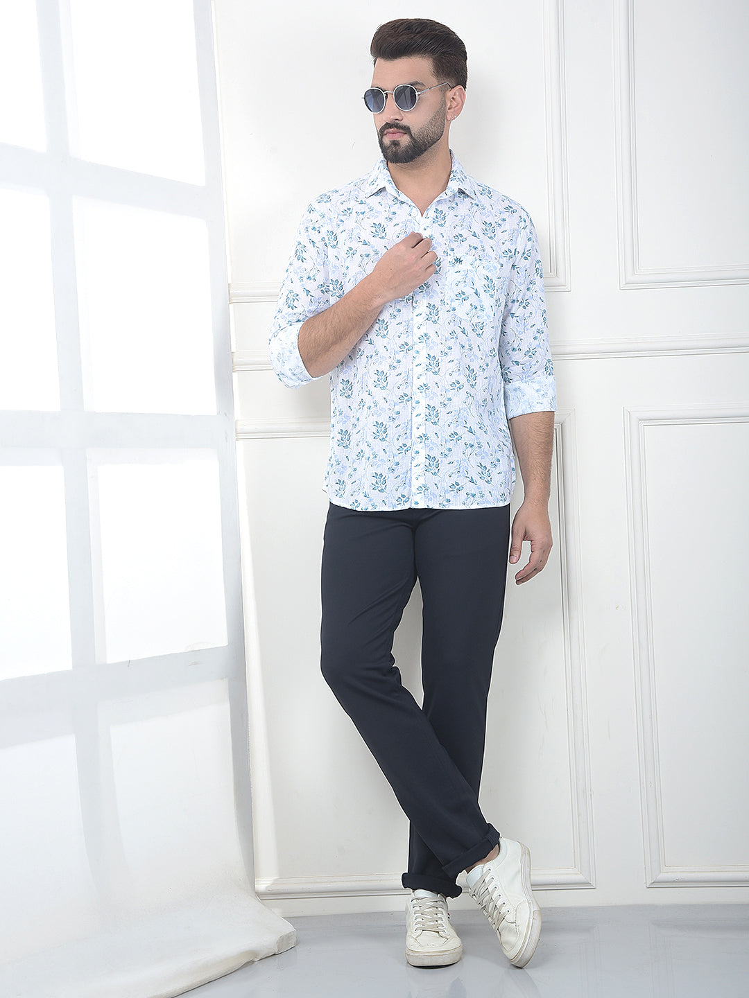 Ocean Blue Blue Floral Print Linen Shirt