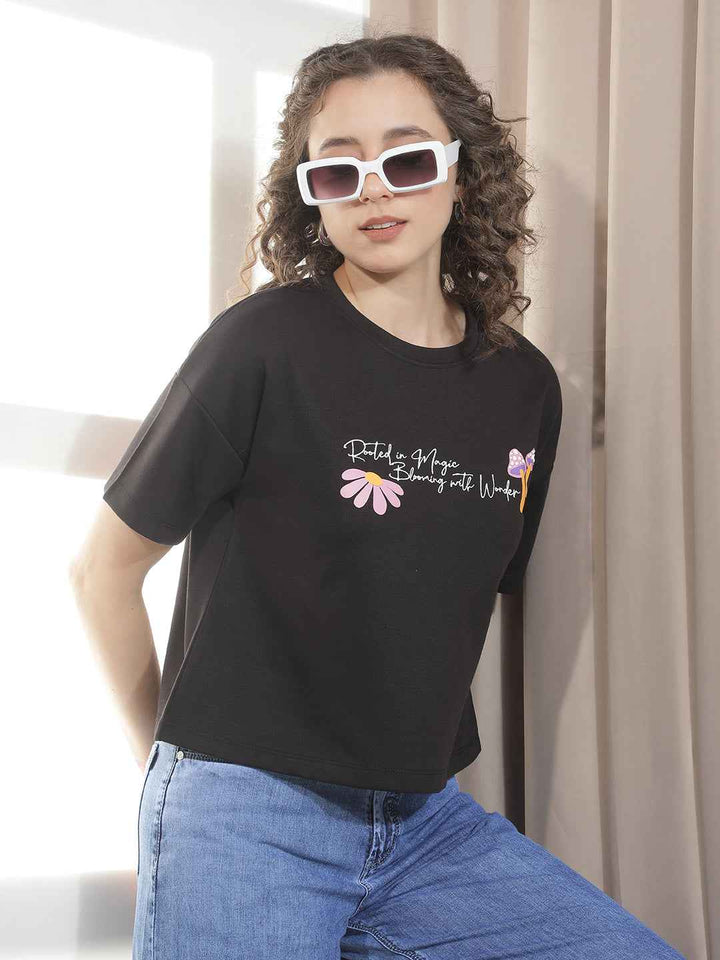 Black Typographic Printed Crop Oversize T-Shirt