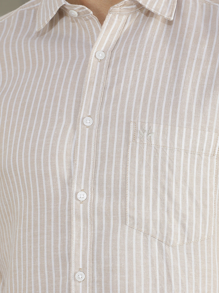 Tan Vertical Stripes Linen Shirt