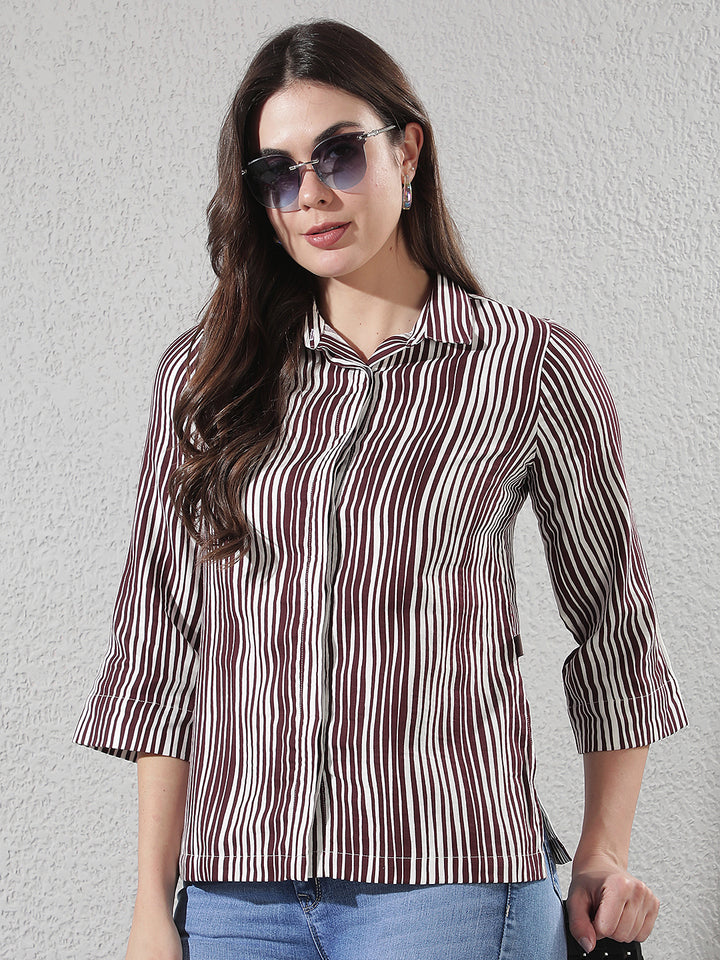 Maroon Vertical Striped 100% Cotton Shirt