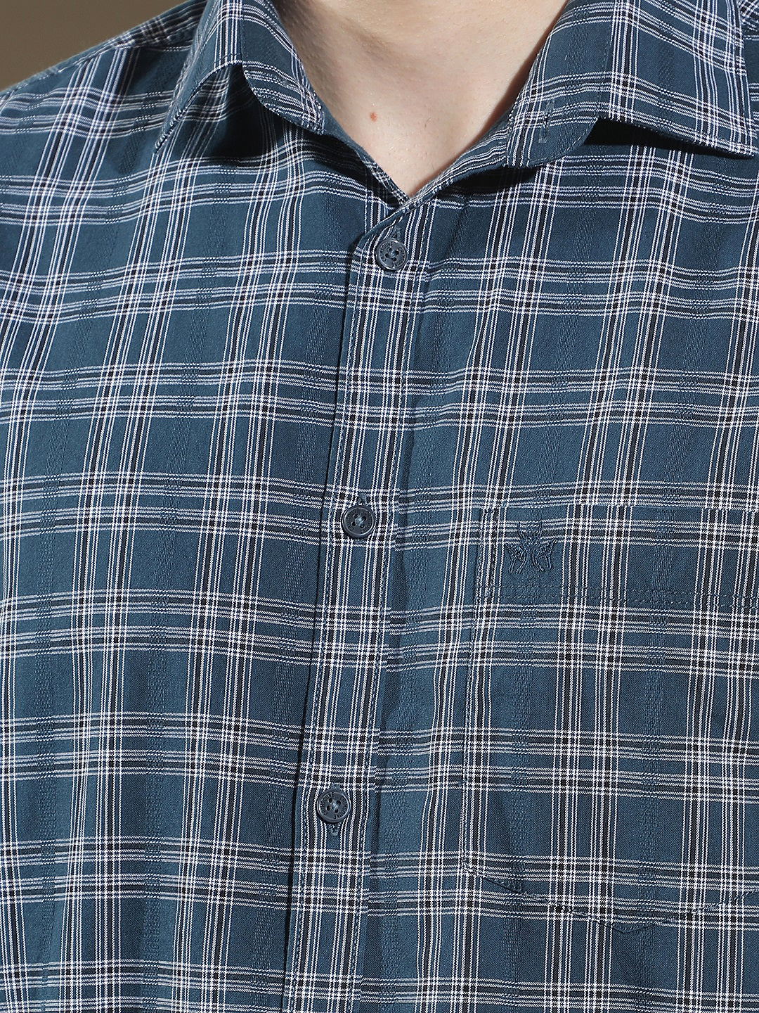 Teal Blue 100% Cotton Checked Shirt