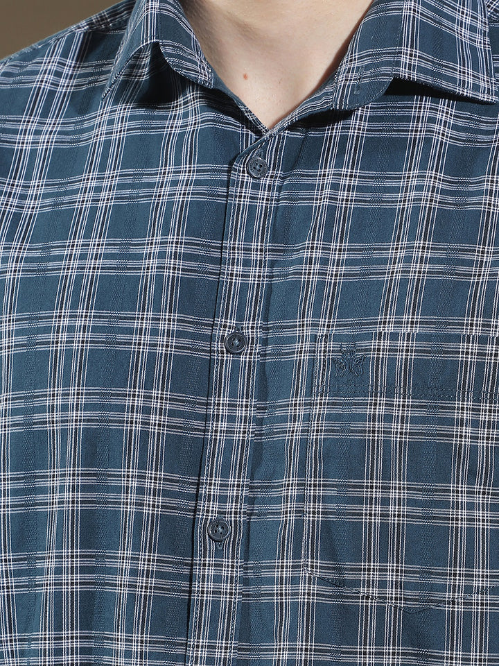 Teal Blue 100% Cotton Checked Shirt