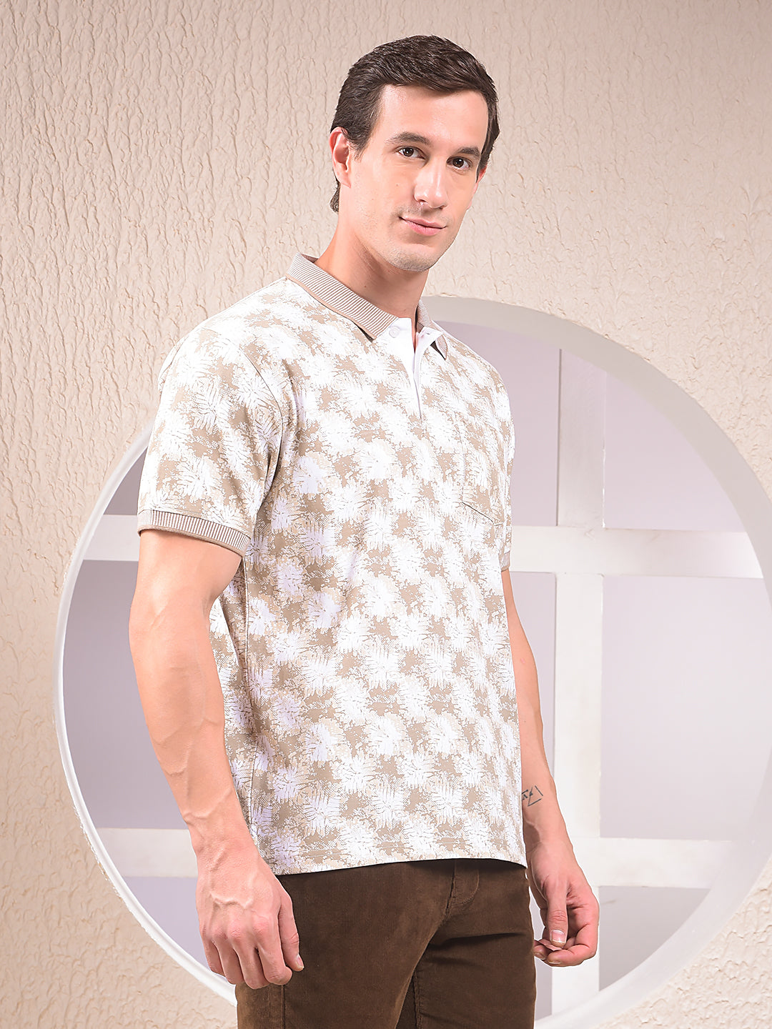 Beige Floral Print Polo Neck 100% Cotton T-Shirt