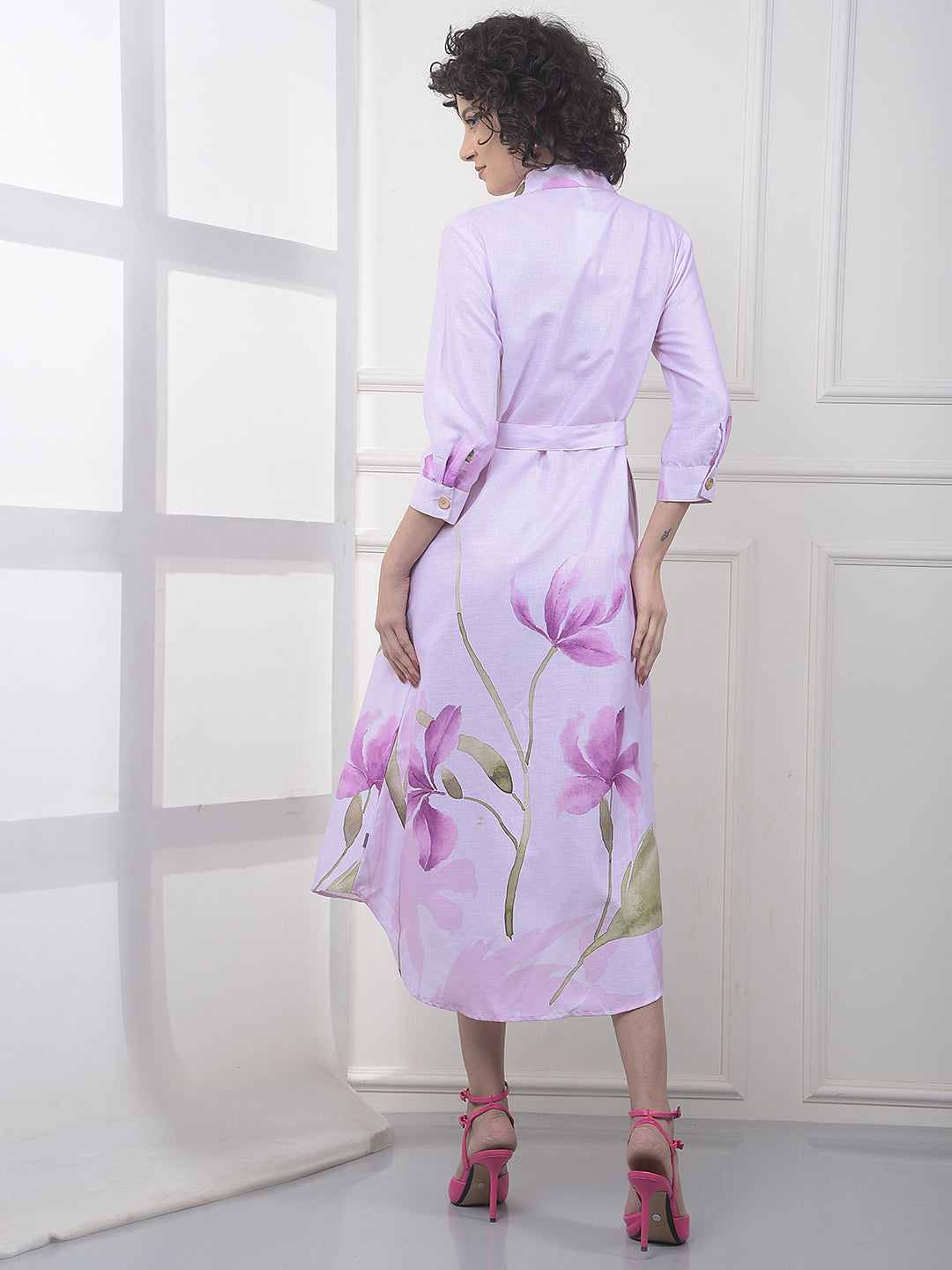 Purple Floral Print Midi Shirt-Dress