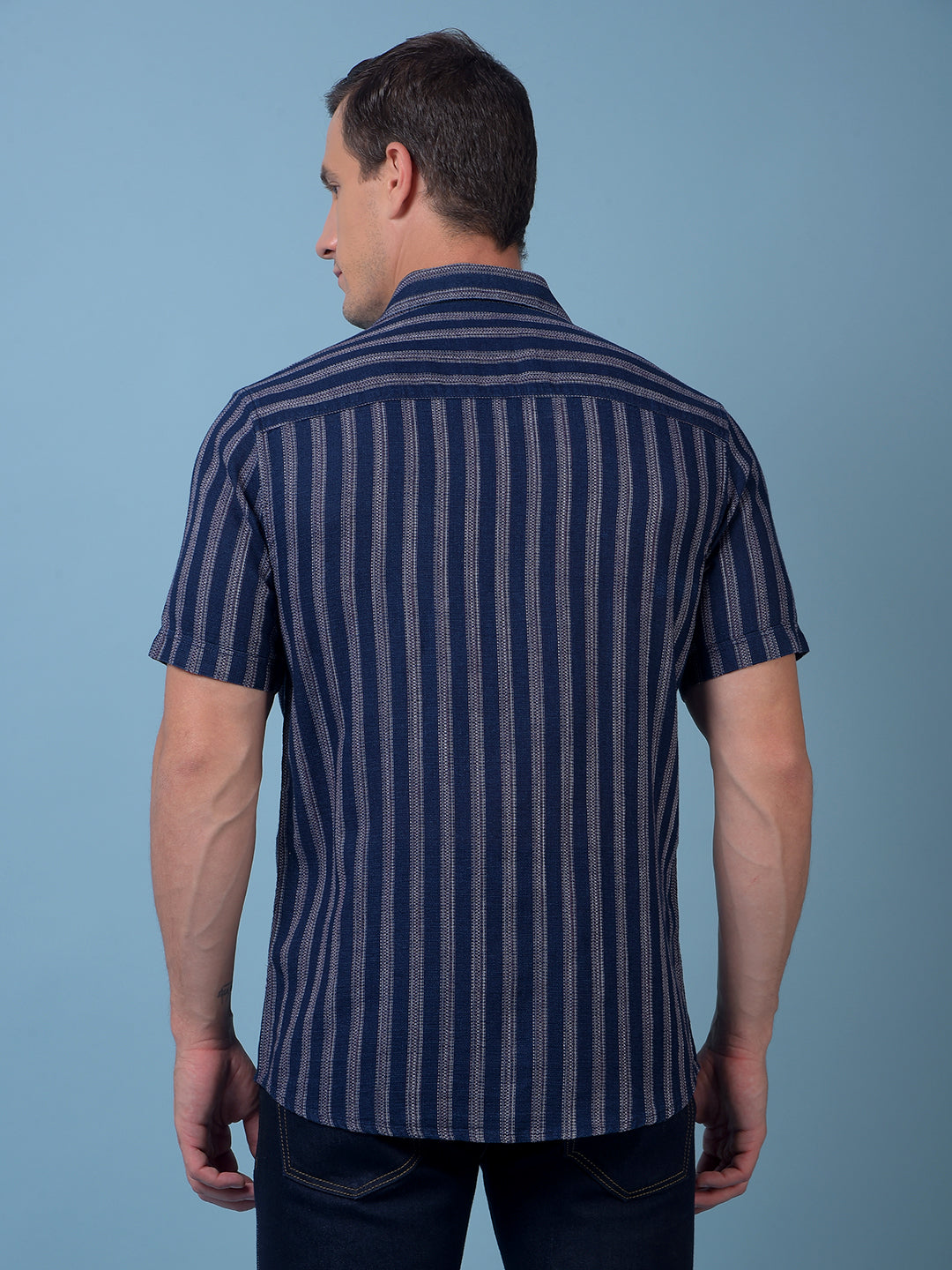 Navy Blue Vertical Stripes 100% Cotton Shirt
