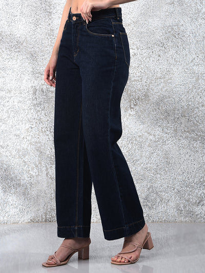 Flowy Navy Blue Wide-Leg Cotton Jeans-Women Jeans-Crimsoune Club