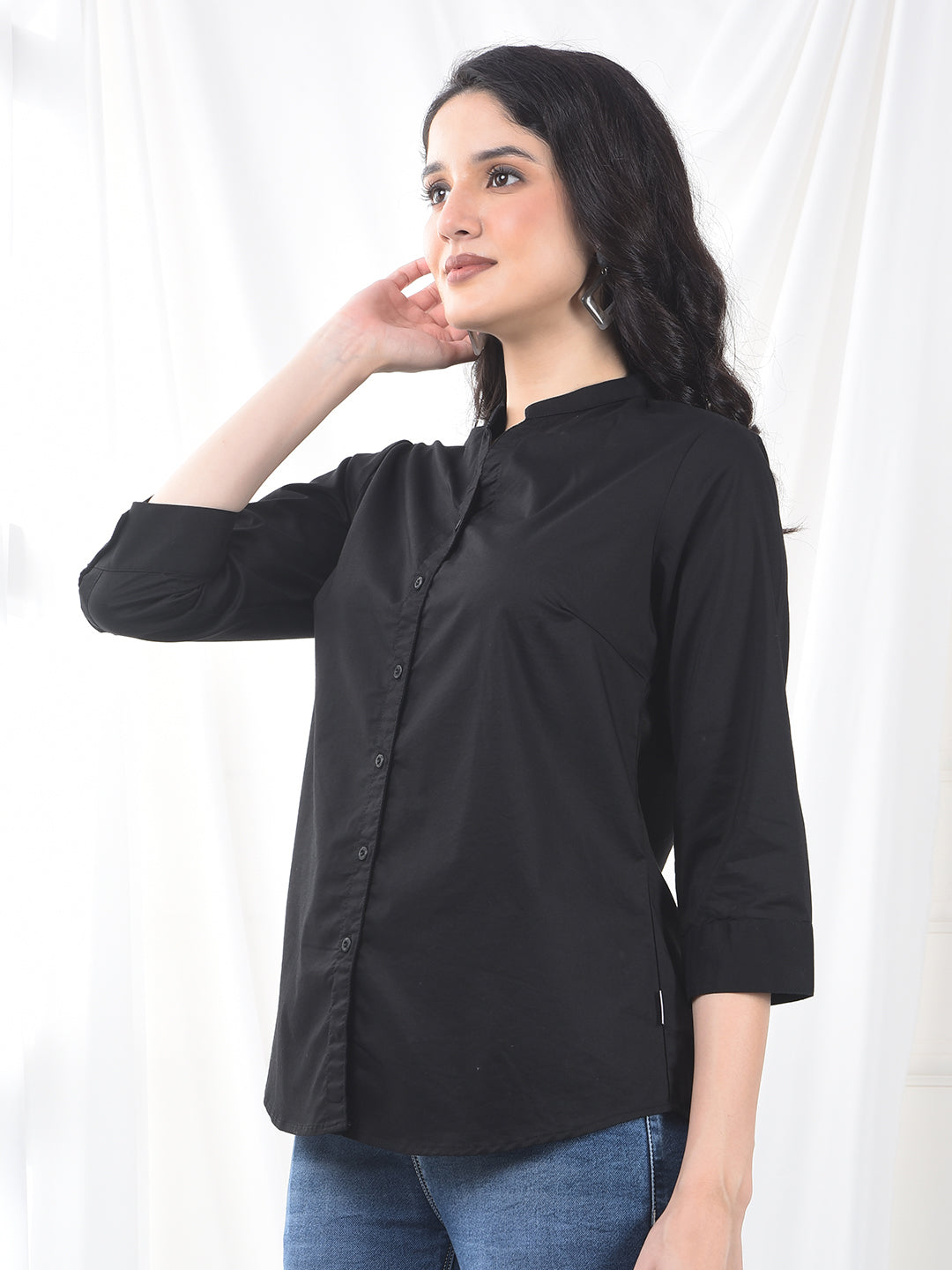 Jet Black Soft-Touch Mandarin Collar Shirt
