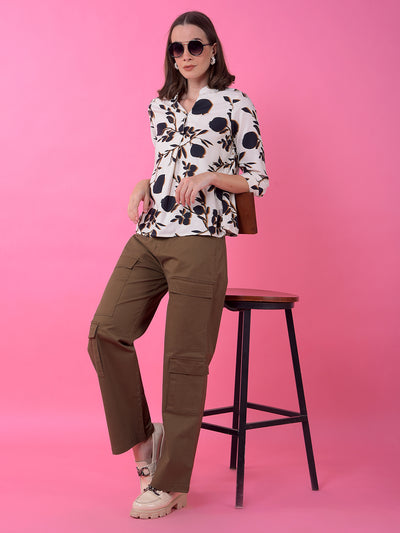 Black Floral Print V-Neck Top
