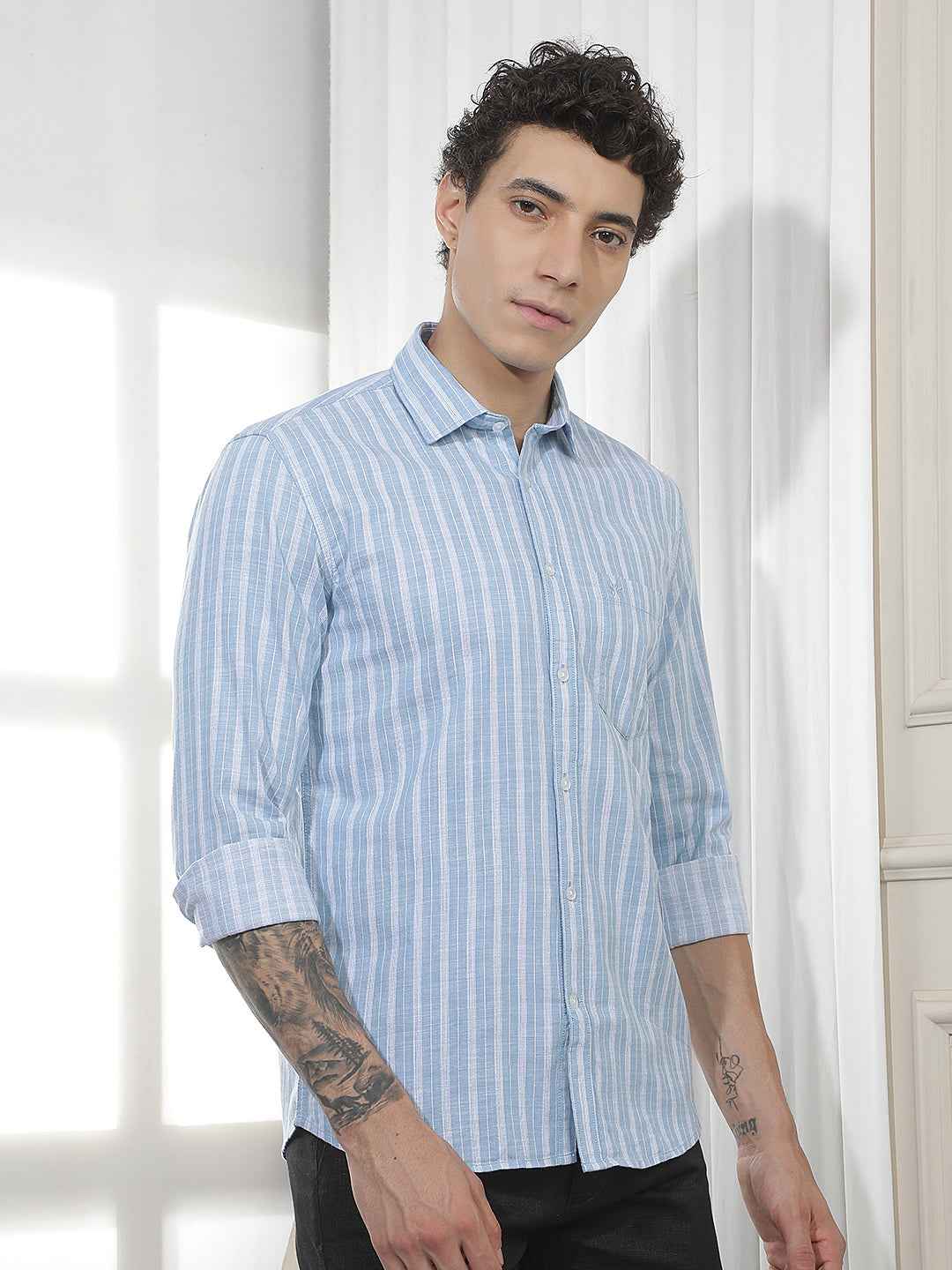 Blue Vertical Striped 100% Cotton Shirt