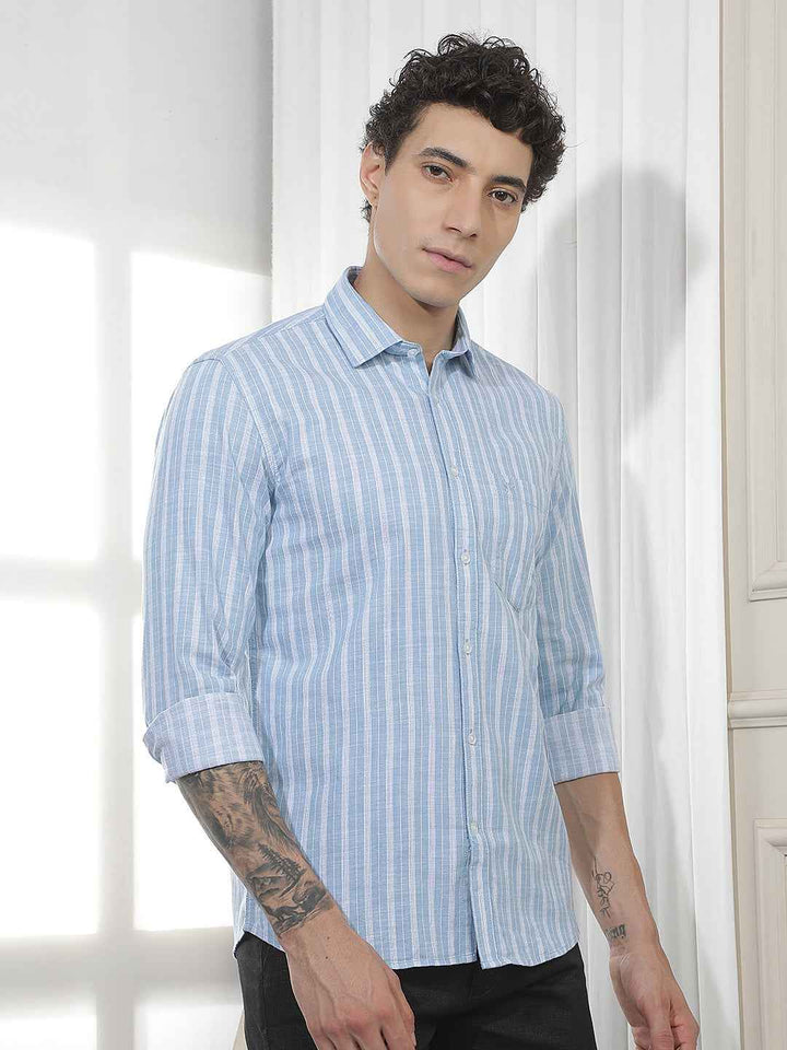 Blue Vertical Striped 100% Cotton Shirt