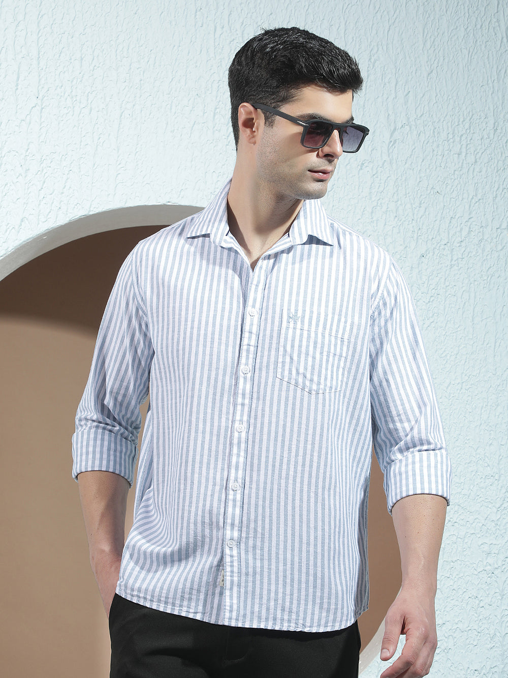 Sky Blue Linen Verical Stripes Shirt