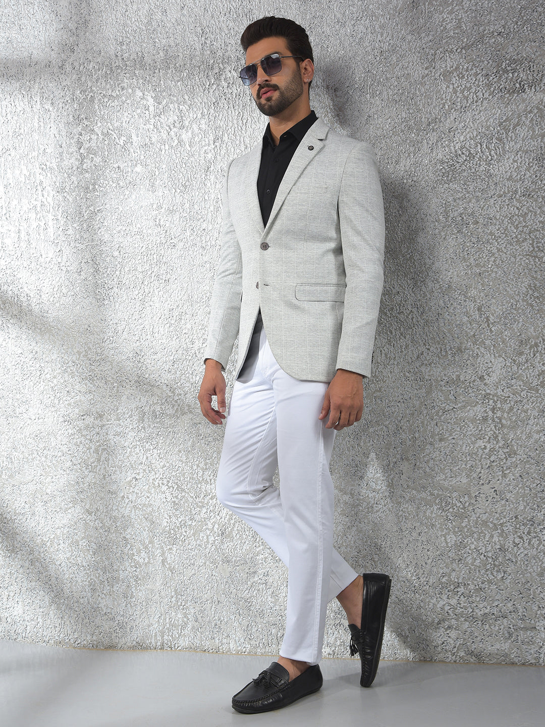 Grey Checked Notched Lapel Single-Breasted Blazer