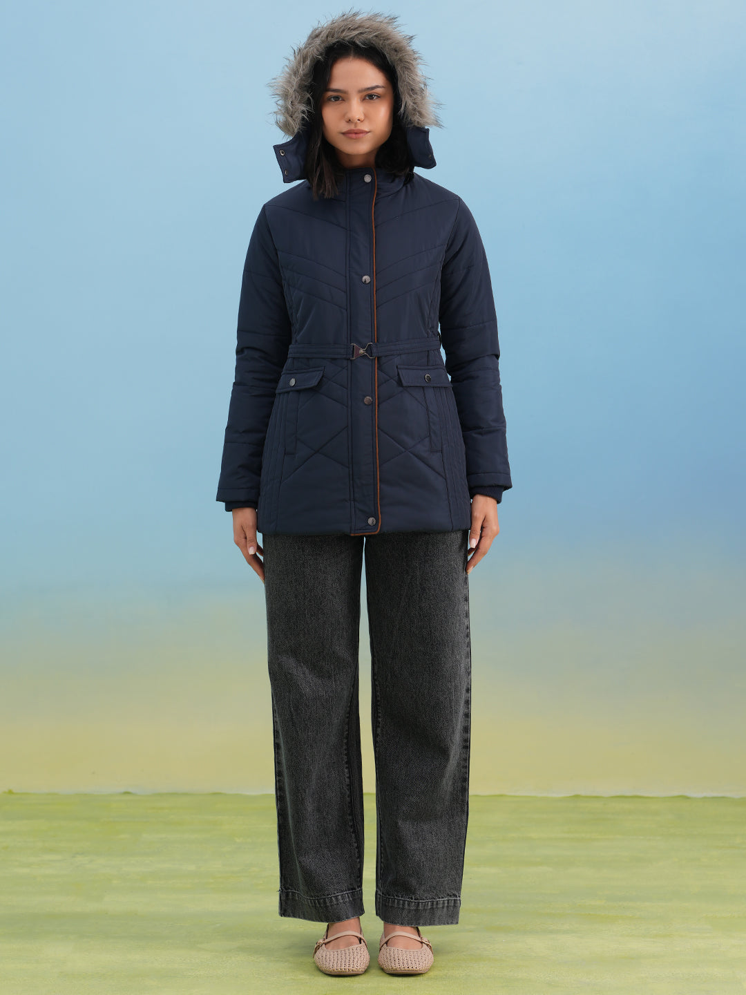 Navy Blue Hooded Neck Quilted Belted Jacket