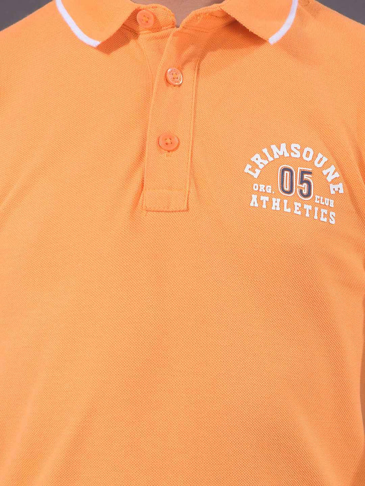 Orange Typographic Print Polo Neck T-Shirt