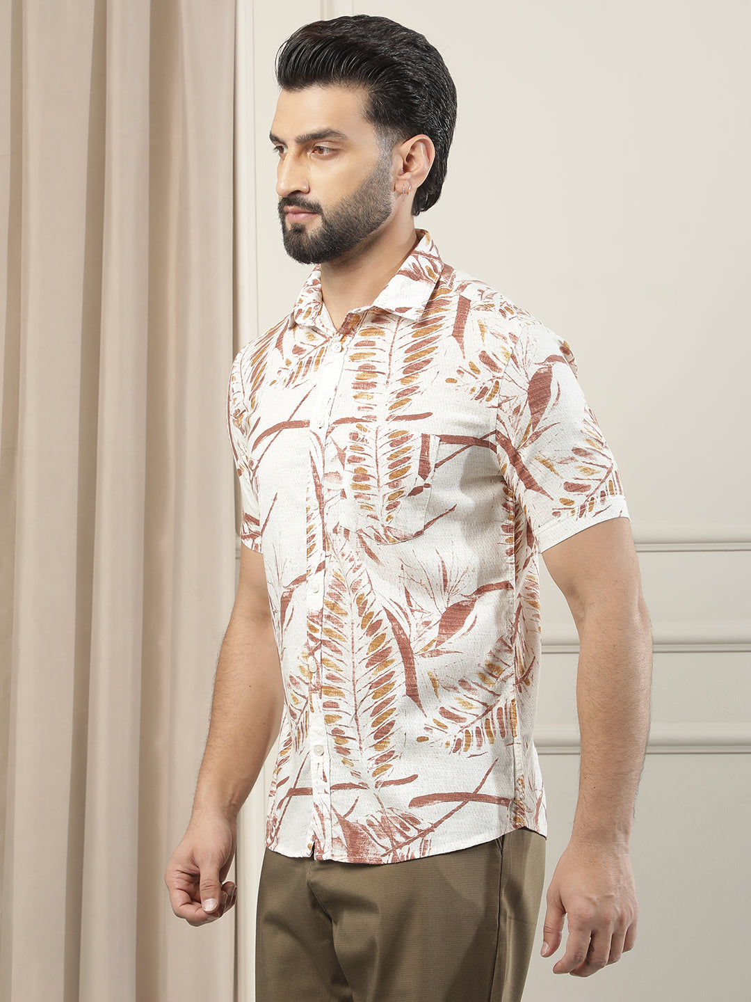 Red Floral Print Linen Shirt