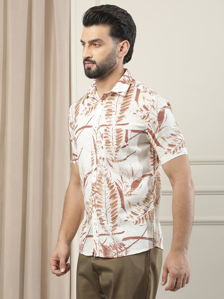 Red Floral Print Linen Shirt