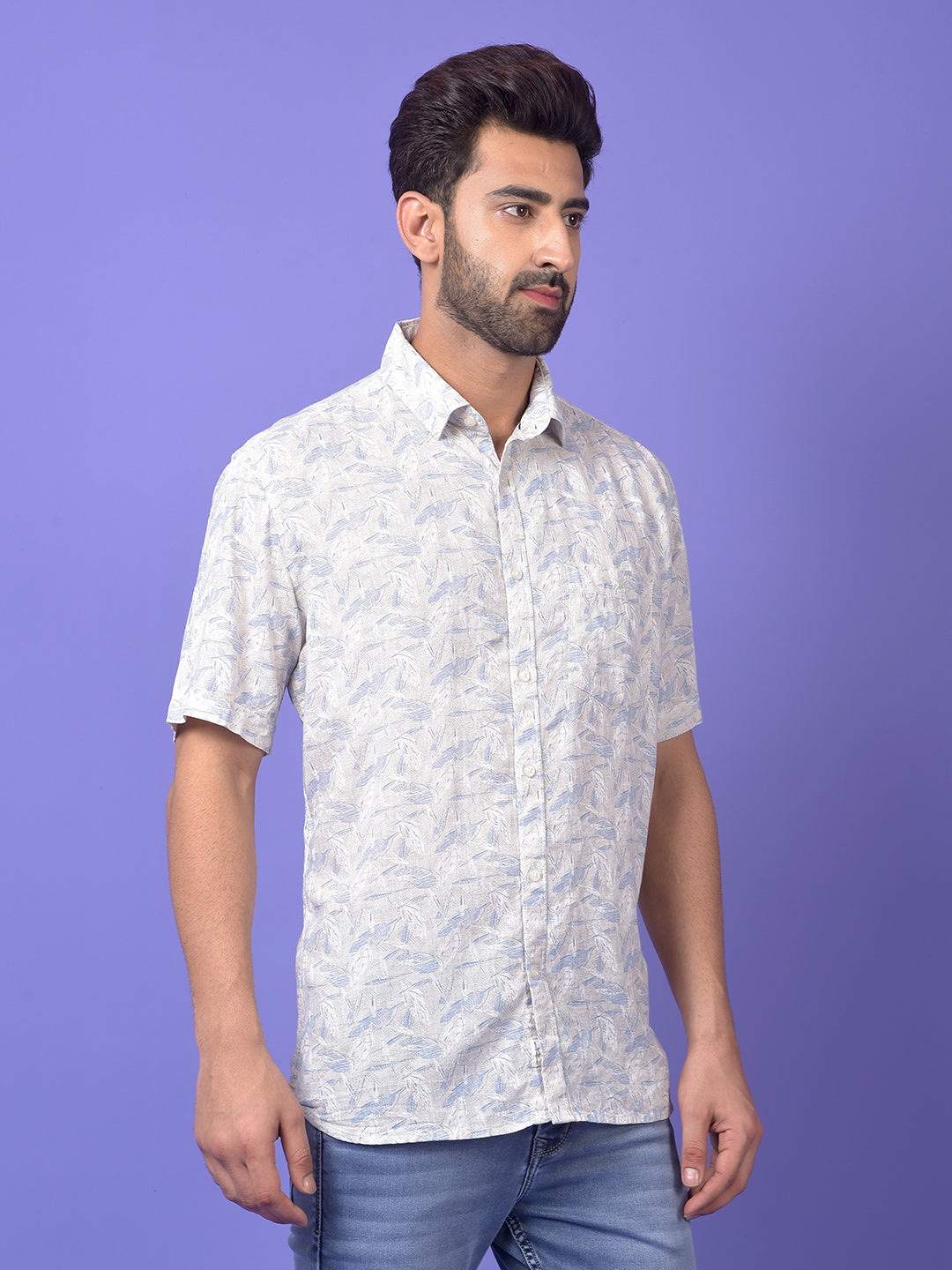 Blue Floral Print Linen Shirt