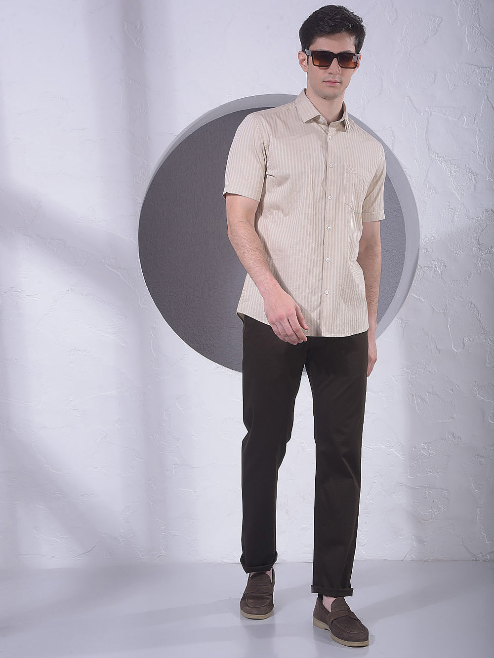 Beige Vertical Stripes 100% Cotton Shirt