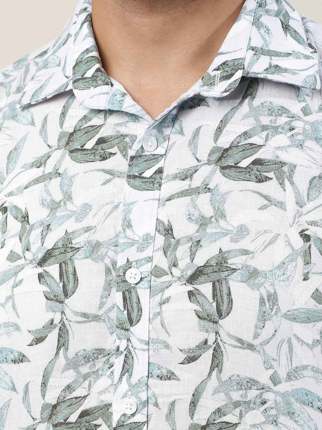 Green Floral Print Linen Shirt