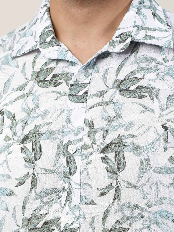 Green Floral Print Linen Shirt