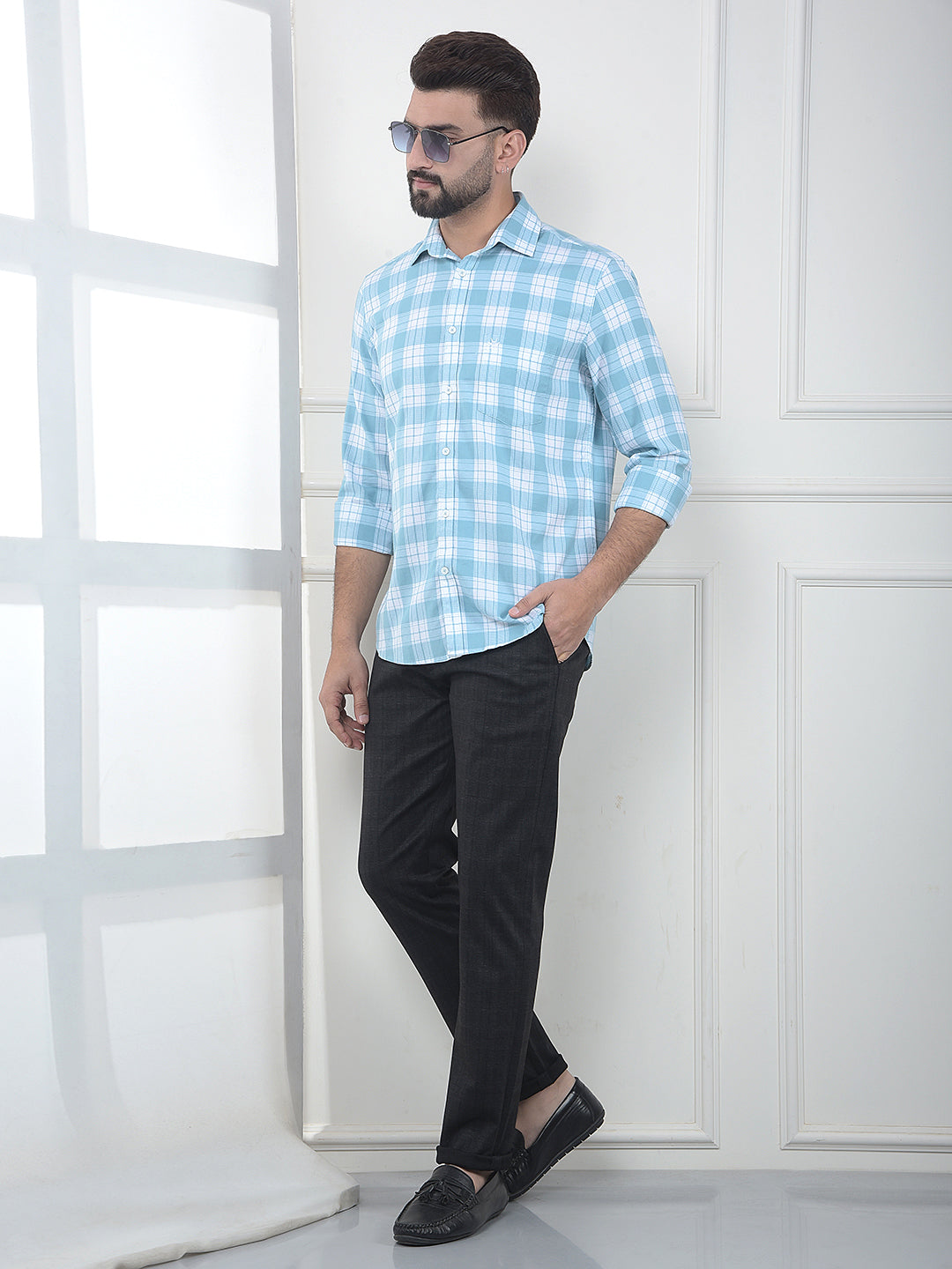 Stratum Ice Blue Checked 100% Cotton Shirt