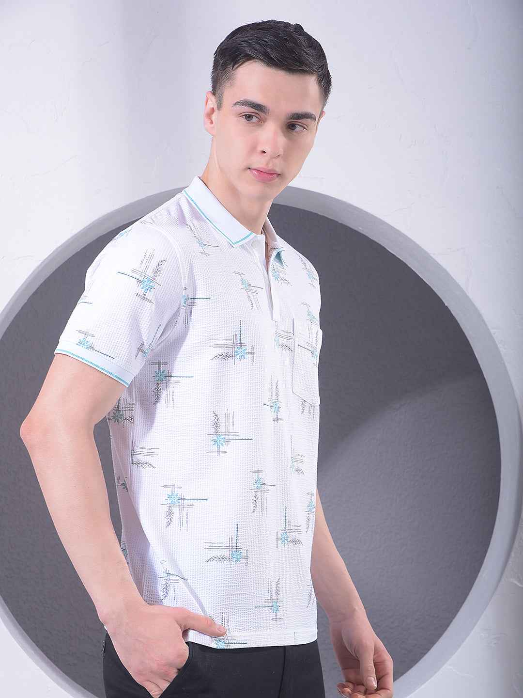 White Floral Print Polo Neck T-Shirt