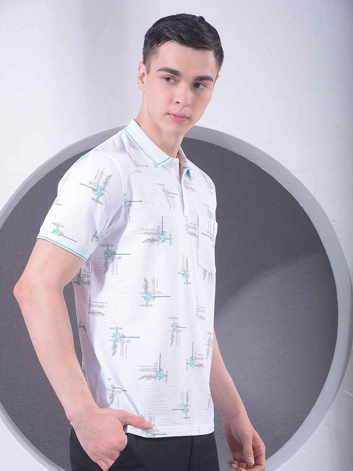 White Floral Print Polo Neck T-Shirt